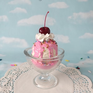 Fake Ice Cream Sundae Large Vanilla  with Pink Sauce Pastel Sprinkles Faux Food Prop