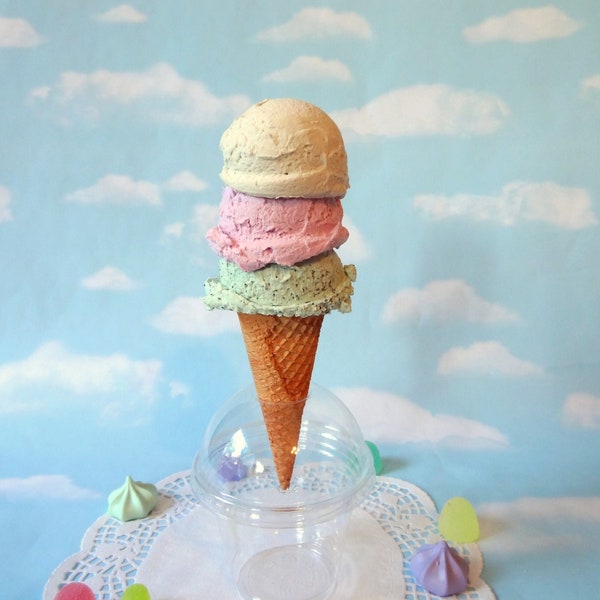 Fake Ice Cream Realistic Beautiful Gourmet Faux TRIPLE Scoop Cone Chocolate Vanilla Strawberry Food Photo Prop Gift Decor