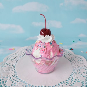 Fake Ice Cream Sundae Small Vanilla with Pink Sauce sauce Pastel Sprinkles Faux Food Prop