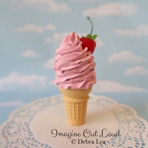 Fake Ice Cream Faux Soft Serve Swirl  Realistic Pink Strawberry on Vanilla Cake Cone Prop