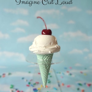 Fake Ice Cream Single Scoop Vanilla Cherry Realistic Faux Aqua Sugar Cone Prop Decor image 1