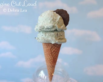 Fake Ice Cream Double Scoop Chocolate Mint Chip on sugar waffle Cone with Cookie Food Photo Prop Gift Decor