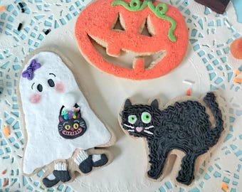 Fake Sugar Cookie Halloween Set of 3 Handmade Faux Ghost girl, Cat, Pumpkin