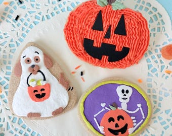 Fake Sugar Cookie Halloween Set of 3 Handmade Faux Ghost Dog, Skeleton, Pumpkin