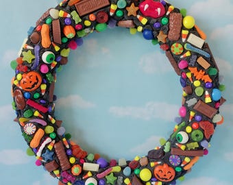 Halloween Candy Galore Frosted 18" Hanging Wreath Centerpiece HANDMADE