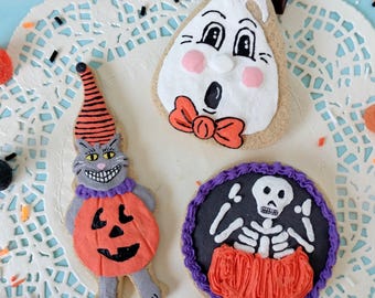Fake Sugar Cookie Halloween Set of 3 Handmade Faux Vintage Ghost, Pumpkin Cat, Skeleton