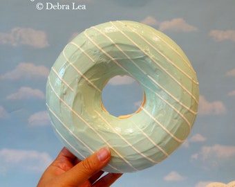GIANT 7.5" Faux Donut Handmade Aqua with White Drizzle Fake Doughnut Kitchen Decor Display 3D Wall Art Sculpture