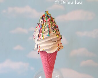 Fake Ice Cream Vanilla Soft Serve with Rainbow Drizzle, Sprinkles, Dark Pink Sugar Cone