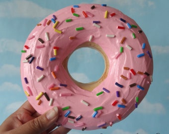 GIANT 7.5&quot; Faux Donut Handmade Doughnut Pink Frosting with Sprinkles 3D Wall Art Sculpture