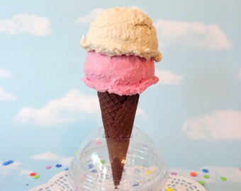 NEW Fake Ice Cream WAFFLE Cone Faux Strawberry Vanilla Double Scoop on Chocolate Photo Prop Decor