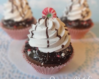 Fake Cupcake Realistic Christmas Holiday Candy Cane Peppermint Faux Ornament