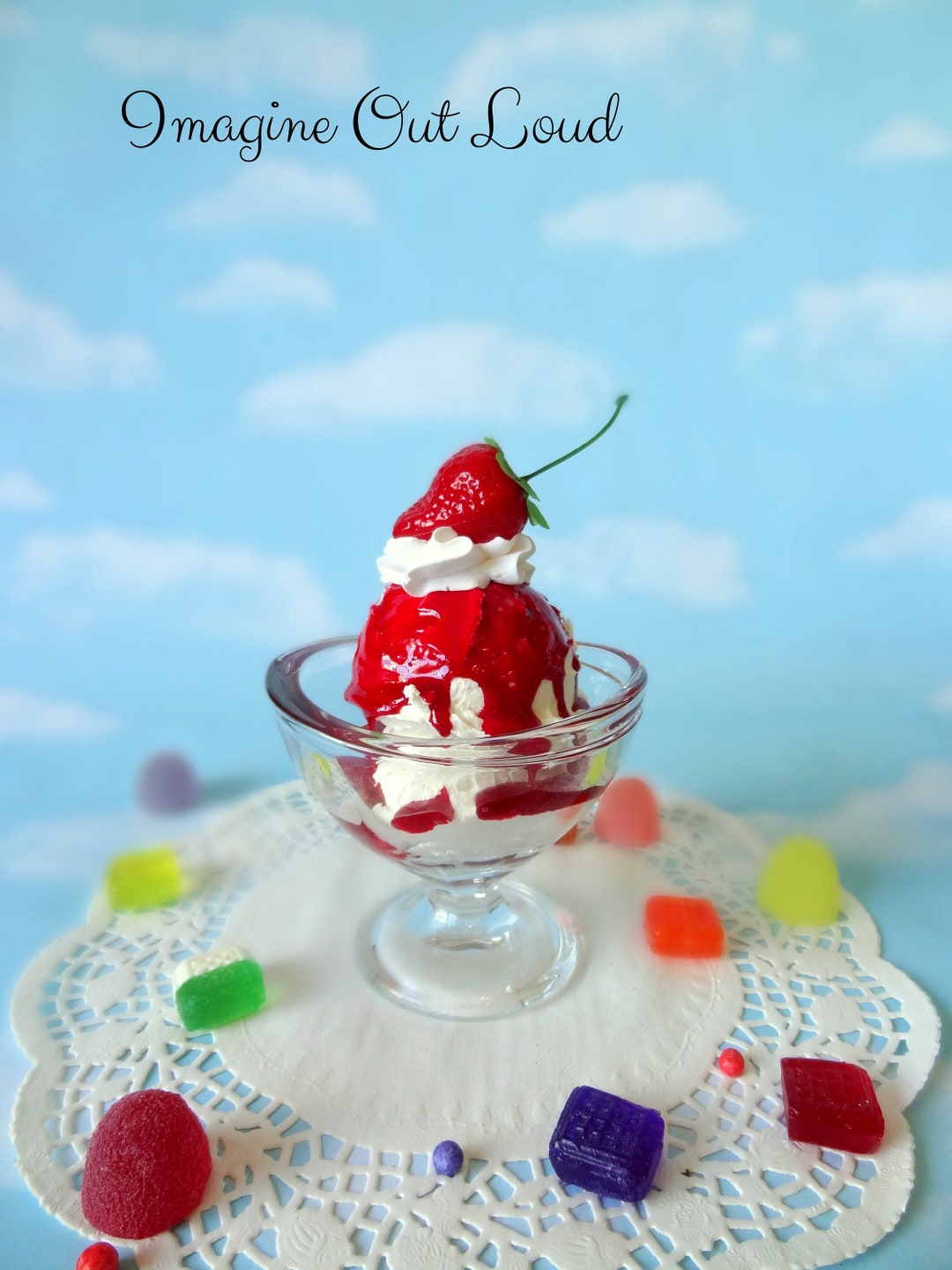 Fake Ice Cream Sundae Large Vanilla With Strawberry Sauce Faux Food ...
