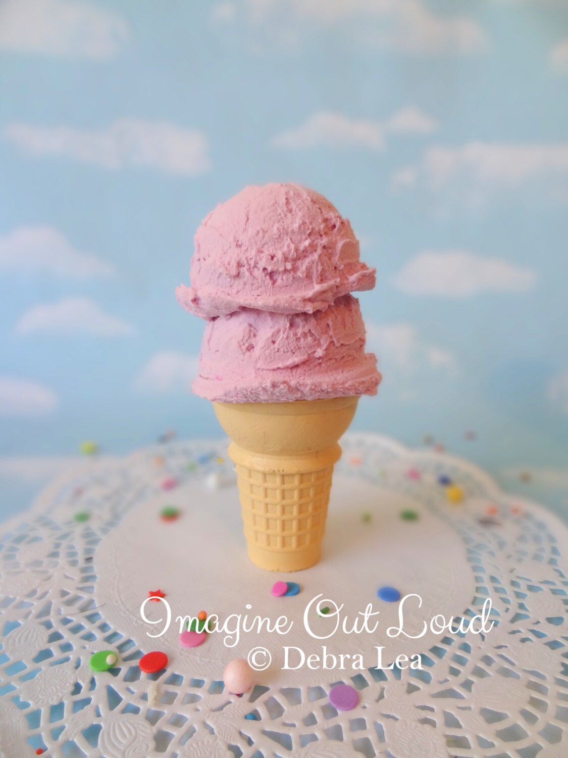 NEW Fake Ice Cream Faux Strawberry Vanilla Double Scoop on Cone Photo Prop Decor