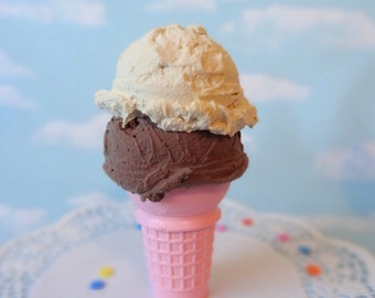 Fake Ice Cream Double Scoop Chocolate and Vanilla on Pink Cone Hand Painted  Food Photo Prop Gift Decor
