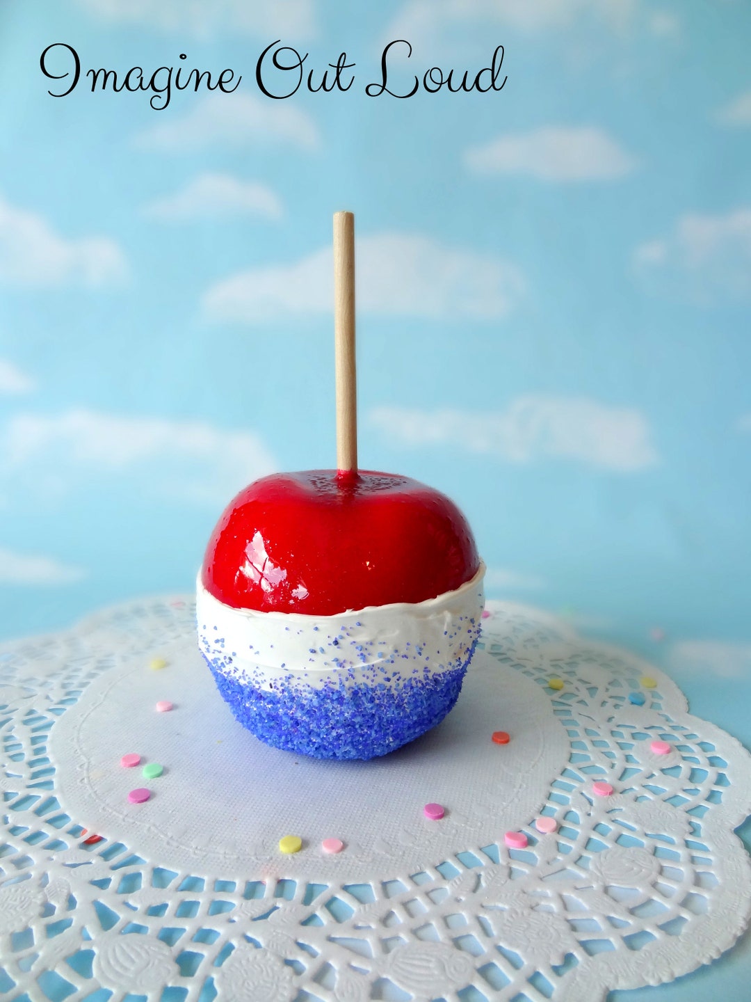 Faux Fake ONE Candied Candy Apple Patriotic Red White Blue Decor Prop ...