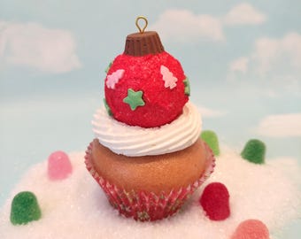 Fake Cupcake Christmas Red Old fashioned Ornament Handmade Truffle Fake Food