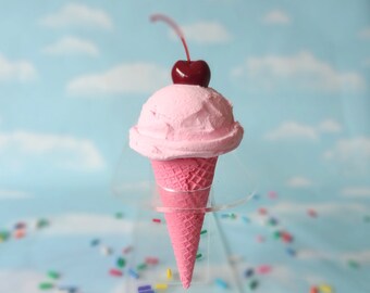 Fake Ice Cream Pink Cherry Realistic Faux Single Scoop Sugar Cone Prop Decor