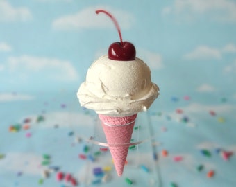 Fake Ice Cream Single Scoop Vanilla Cherry Realistic Faux Sugar Cone Prop Decor