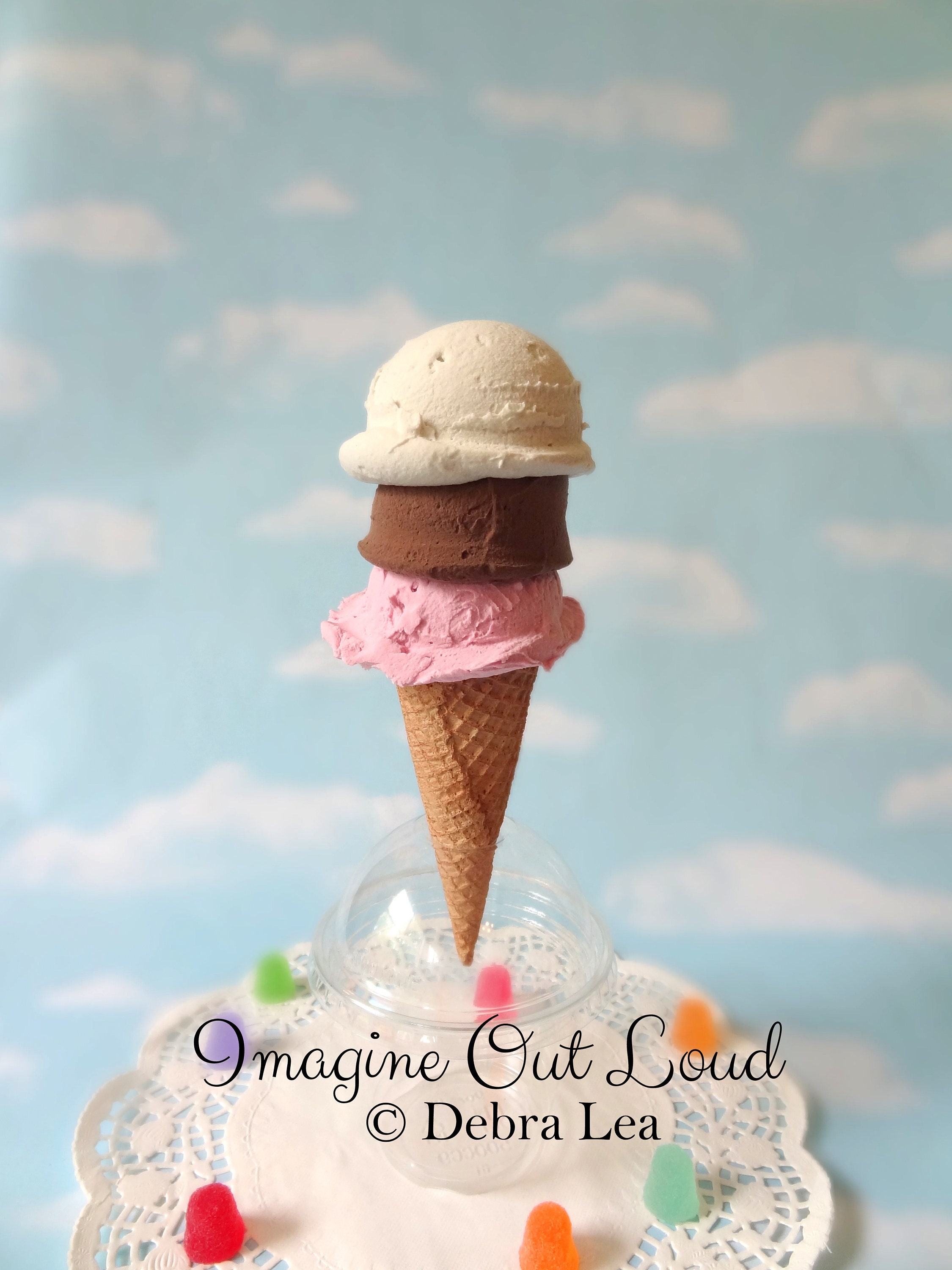 NEW Fake Ice Cream Faux Strawberry Vanilla Double Scoop on Cone Photo Prop Decor