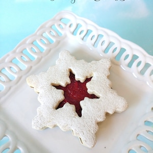 FAKE COOKIE Large faux Linzer Powder sugar Frosted Cherry Filled Christmas Snowflake Ornament Gingerbread