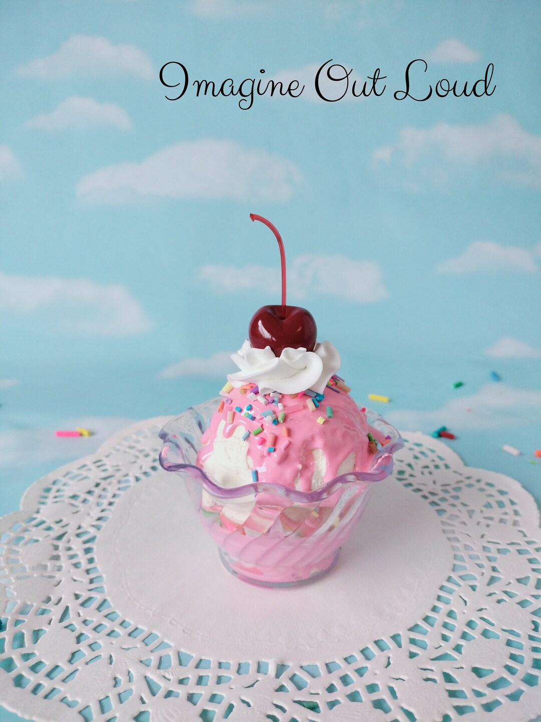 Fake Vanilla Ice Cream Sundae With Pink Sauce & Sprinkles - Etsy