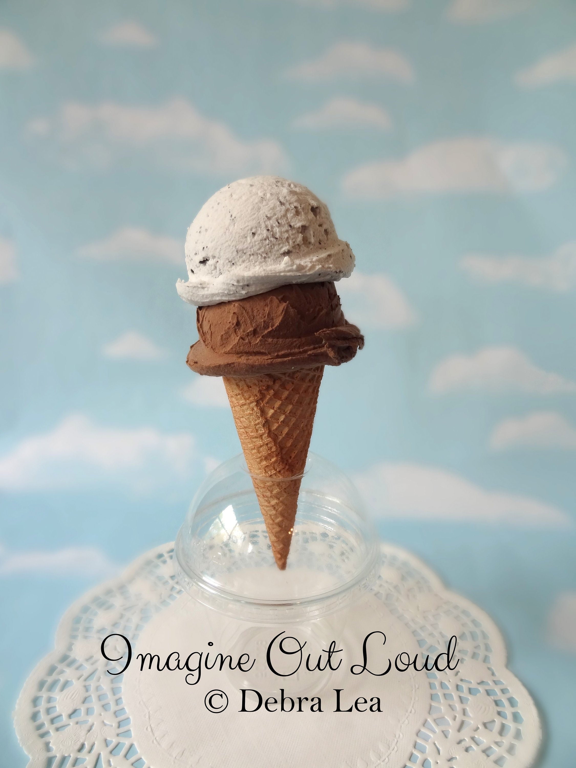 Fake Ice Cream Double Scoop Chocolate and Cookies and Cream on Waffle Cone
