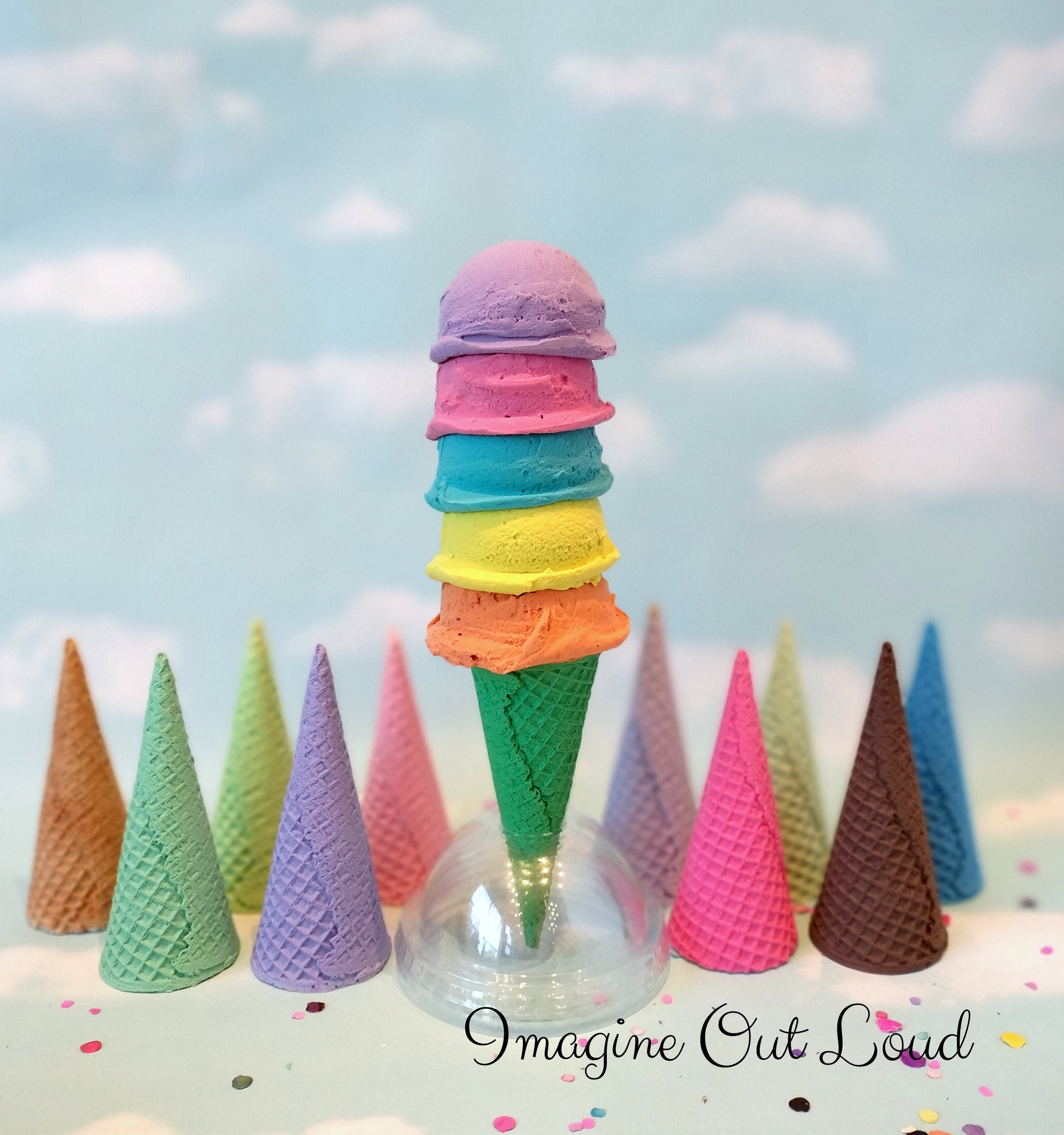 Fake Ice Cream Specialty Faux Rainbow Five Scoop Sugar Waffle CONE