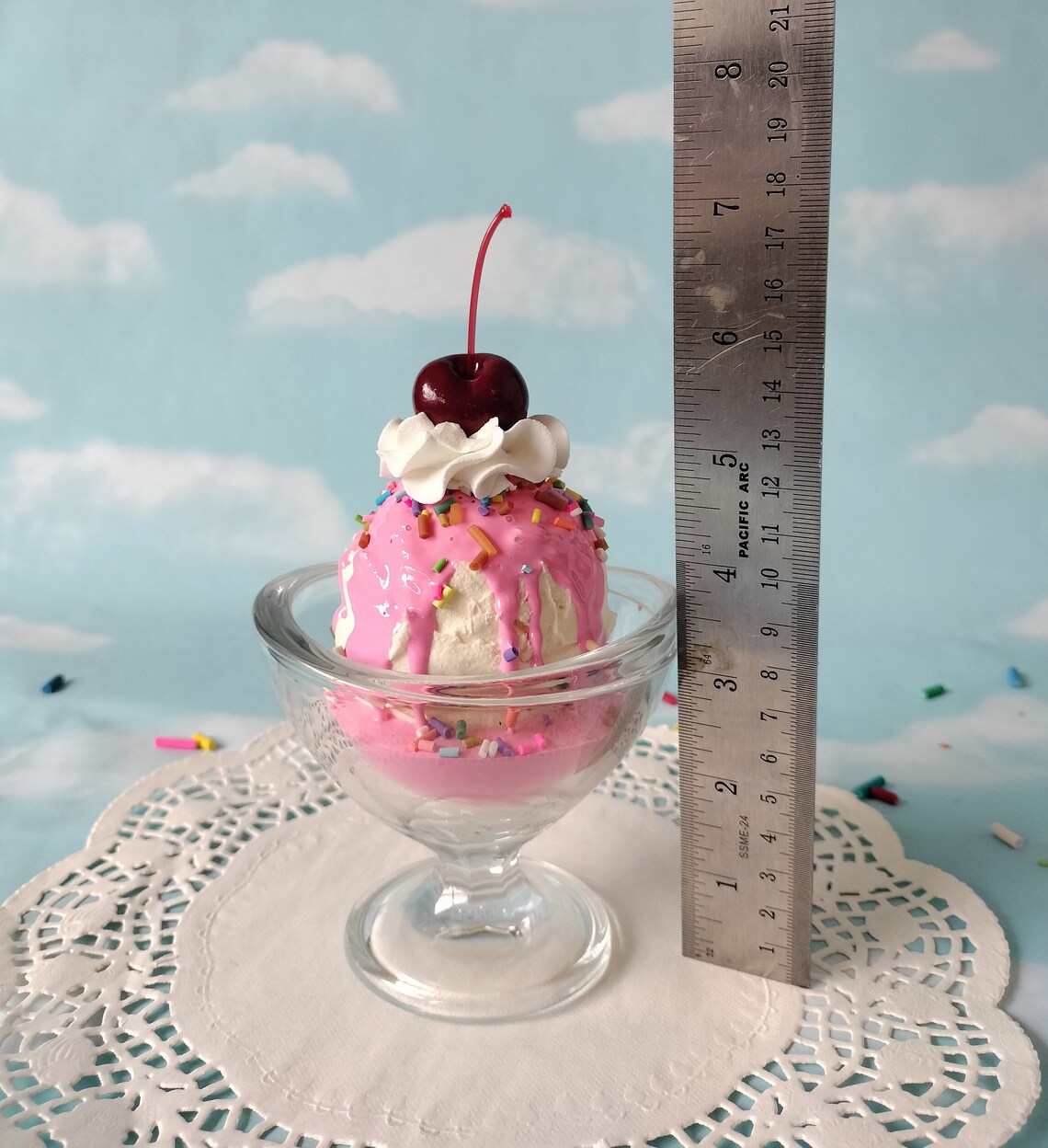 Fake Ice Cream Sundae Large Vanilla With Pink Sauce Pastel Sprinkles ...