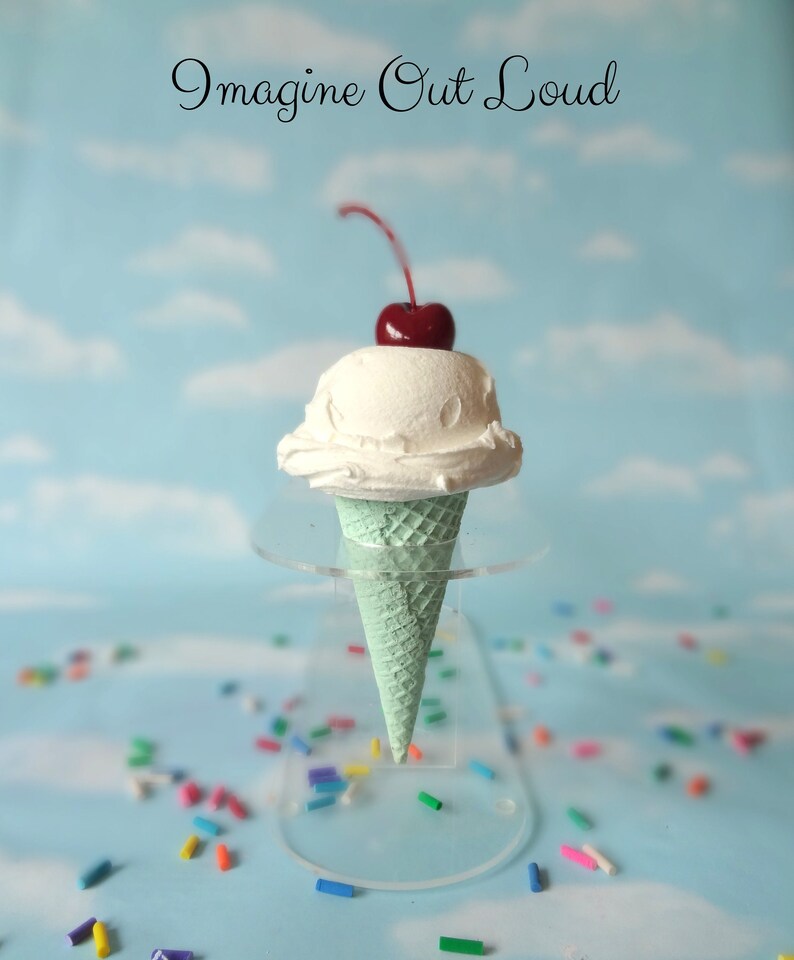 Fake Ice Cream Single Scoop Vanilla Cherry Realistic Faux Aqua Sugar Cone Prop Decor image 1