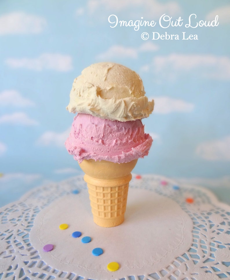 NEW Fake Ice Cream Faux Strawberry Vanilla Double Scoop on Cone Photo Prop Decor