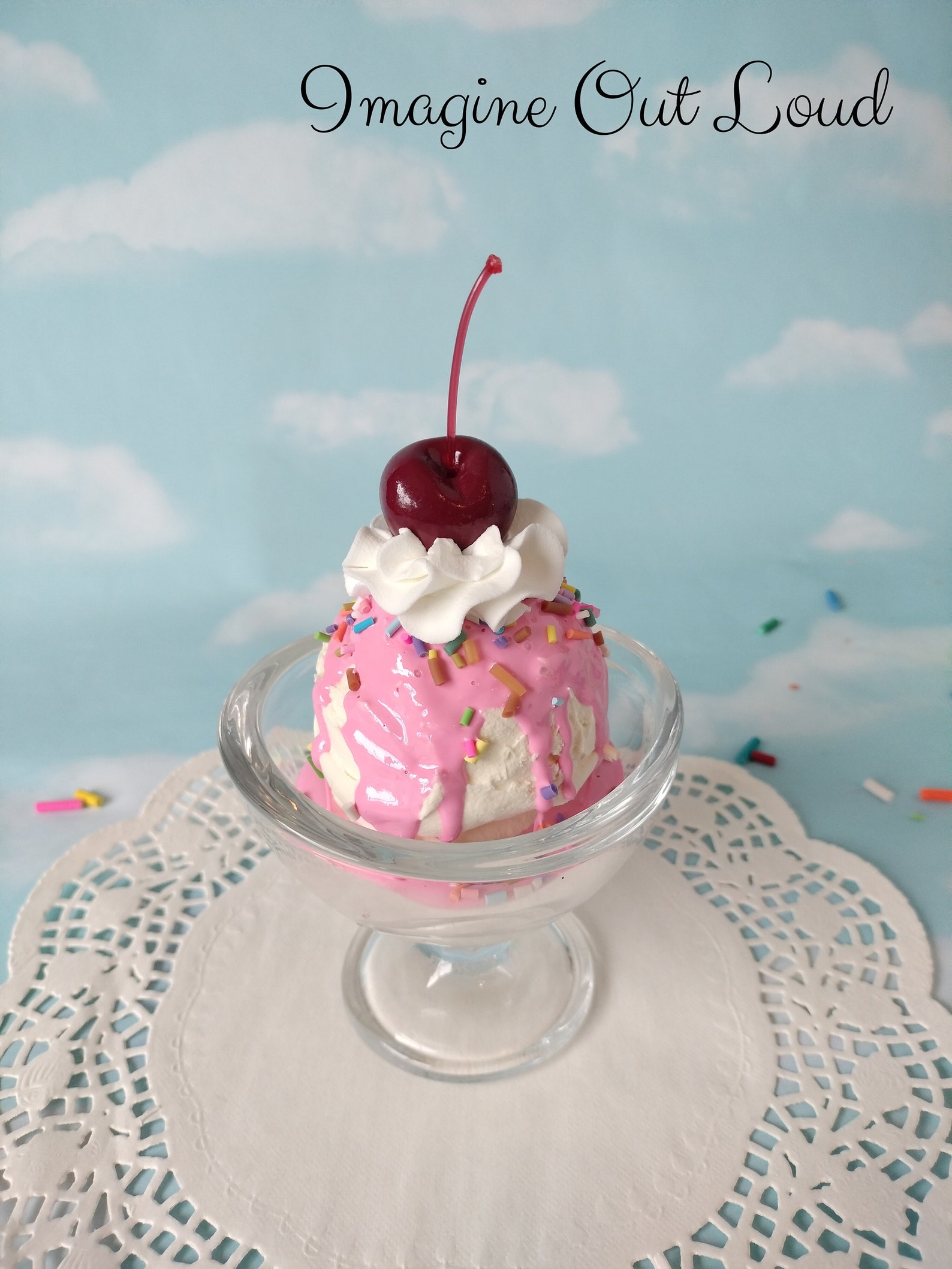 Fake Ice Cream Sundae Large Vanilla With Pink Sauce Pastel Sprinkles ...