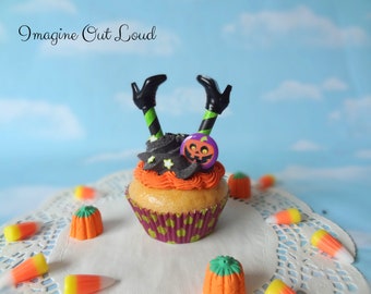 Fake Cupcake Handmade Halloween Frosting Witch Legs Boots Crash Landing