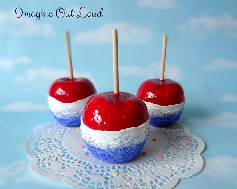 Faux Fake ONE Candied Candy Apple Patriotic Red White Blue Decor Prop ...