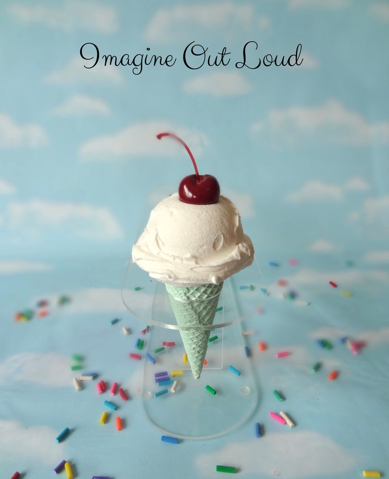 Fake Ice Cream Single Scoop Vanilla Cherry Realistic Faux Aqua Sugar Cone Prop Decor image 2