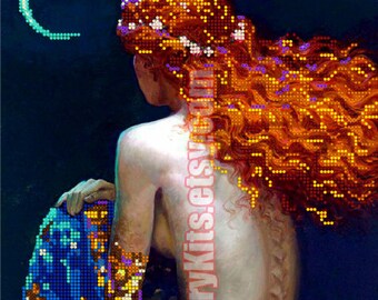 Mermaid and Moon beaded stitching bead embroidery beading on needlepoint kit DIY beadpoint craft set Needlework Beadwork Sewing hobby