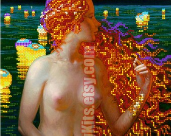 Mermaid beaded stitching, bead embroidery, beading on needlepoint kit DIY beadpoint craft set Beadpoint Needlework Beadwork Sewing hobby