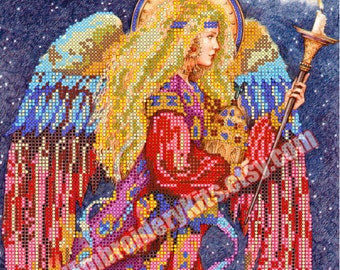 Guardian Angel beaded stitching, bead embroidery, beading on needlepoint kit, DIY beadpoint craft set