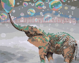 Elephant and Soap Bubbles beading on needlepoint kit, bead embroidery kit, housewarming gift Idea, DIY craft set