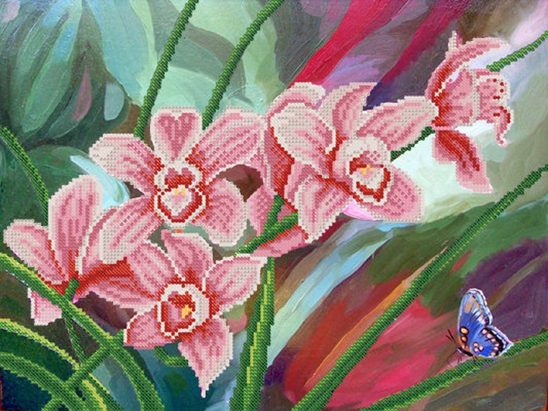 Orchids DIY bead embroidery kit beading on needlepoint housewarming gift idea needlework sewing craft set flowers pattern