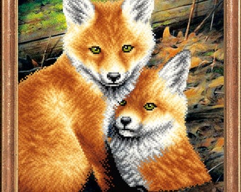 Foxes beaded stitching bead embroidery kit beading on printed pattern DIY craft set needlepoint beadpoint needlework hobby