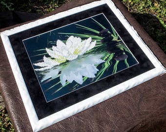 White Lotus beaded stitching, bead embroidery, beading on needlepoint kit, DIY beadpoint craft set, beaded painting
