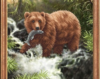 Bear with Fish beaded stitching bead embroidery kit beading on printed pattern DIY craft set needlepoint beadpoint needlework hobby