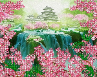 Pagoda DIY bead embroidery kit, beading on needlepoint, housewarming gift Idea, needlepoint craft set