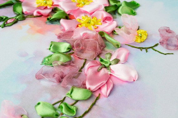 ribbon embroidery DIY kit Tecoma Flowers wall hanging room decor