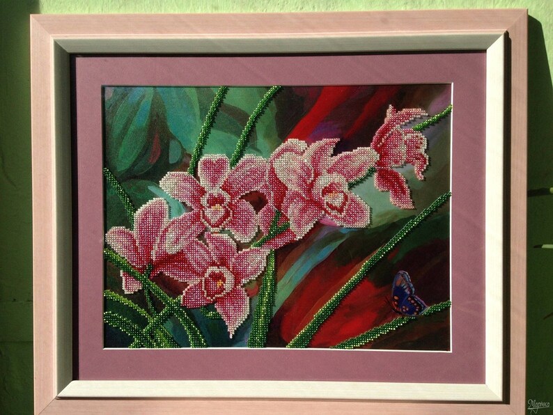 Orchids DIY bead embroidery kit beading on needlepoint housewarming gift idea needlework sewing craft set flowers pattern