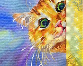 Find the Cat DIY beaded embroidery kit, bead stitching, beading on needlepoint kit, beadpoint, beaded painting craft set