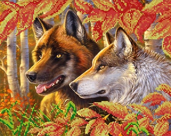 Faithfulness, Wolves, DIY bead embroidery kit,wall decor, painting, beading on needlepoint, wedding gift idea