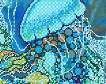 Jellyfish, Seastar, Seashell DIY beaded embroidery kit, bead stitching, beading on needlepoint kit, beadpoint, beaded painting craft set