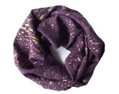 Purple Infinity Silk Scarf in the Gold Speckle Pattern. Hand Crafted. Modern Ink Print. Eco Figure Eight Scarf. Simple, Sleek, Elegant Cowl.
