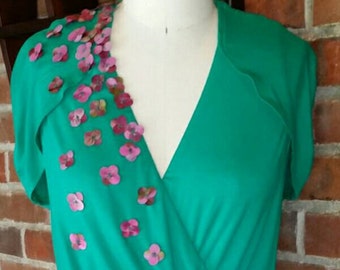 The Wind Blossom Cape Dress/ Emerald Green Jersey Dress with Pink Silk Flowers/ Handmade Blossom Dress - Custom Made Dress by Shanna Britta